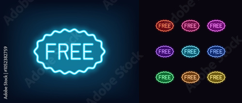 Outline neon Free tag, vector icon set. Glowing neon wavy promo tag with text Free, shopping advertisement. Free gift and bonus offer, gratis prize, offer without payment, zero cost and price.