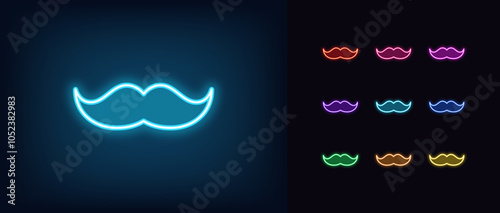 Outline neon mustache icon set. Glowing neon male mustache, gentleman image, man fashion and style. Father mustache, male beauty, hipster style, retro moustache, man face care. Vector icons