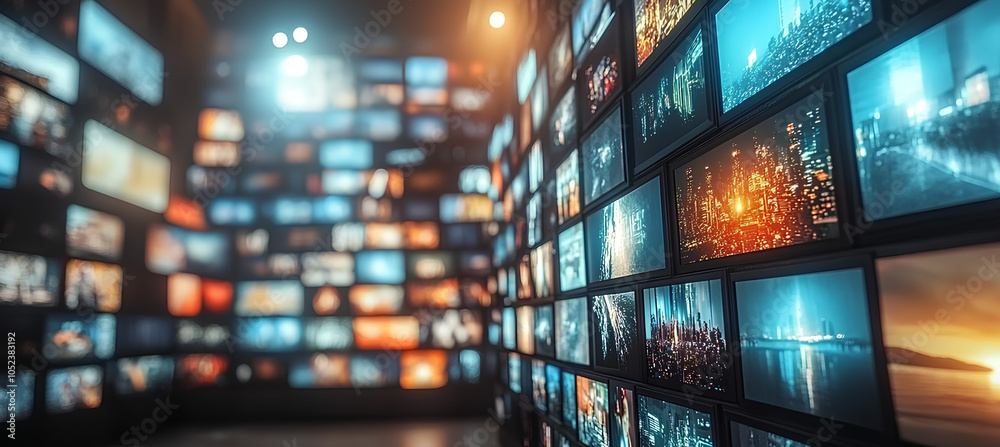 Wall of Digital Displays with Video Streaming Media Entertainment Channels, Technology, and Blur
Wall of Digital Displays with Video Streaming Media Entertainment Channels, Technology, and Blur