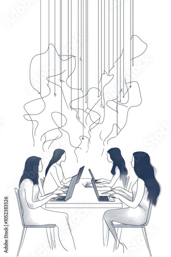 Four women collaborating in a creative workspace, immersed in technology and design. photo