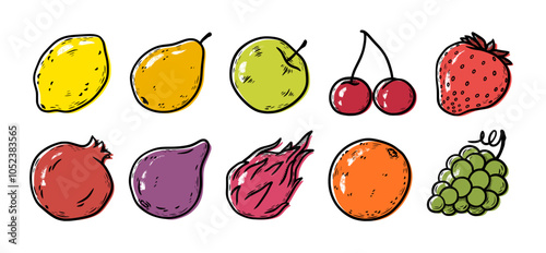 Fruit icons. Apple, citrus lemon and orange, strawberry and pear juice, grape and dragoon fruit, cherry and pomegranate, line doodle food logo. Organic outline creative vector isolated set