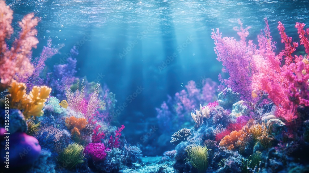 Fototapeta premium enchanting fantasy underwater landscape filled with vibrant sea life, colorful corals, and a mystical ambiance. the ethereal beauty of the underwater world invites imagination and wonder