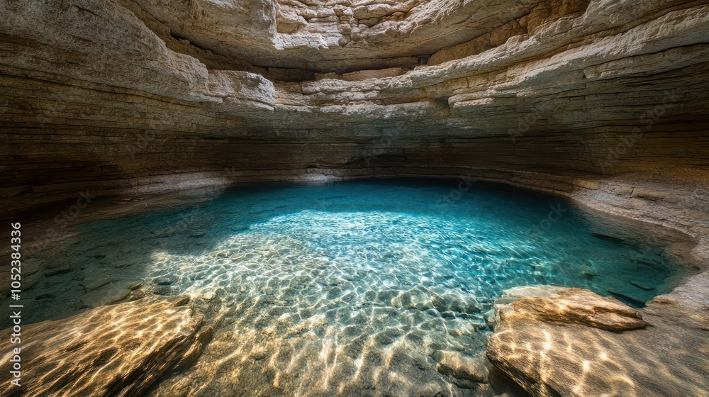 A serene underground pool with clear blue water and rocky formations. A serene underground pool with clear blue water and rocky formations.