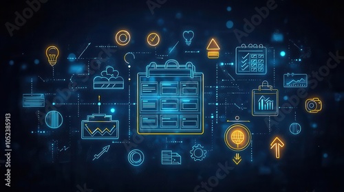 Wallpaper Mural stylized line icon depicting the concept of planning, featuring organized elements like calendars, checklists, and arrows, all interconnected, symbolizing efficiency and project management Torontodigital.ca