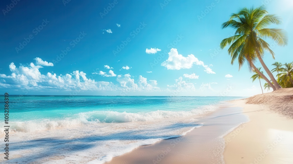 Fototapeta premium exotic punta cana beach scene with crystal-clear waters and swaying palm trees, inviting travelers to relax and explore this tropical paradise