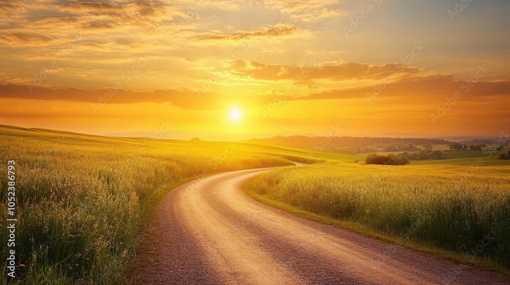 expansive panorama of lush summer fields under a golden sunset, an empty winding road inviting exploration, fluffy clouds adding depth to the colorful sky expansive panorama of lush summer fields under a golden sunset, an empty winding road inviting exploration, fluffy clouds adding depth to the colorful sky