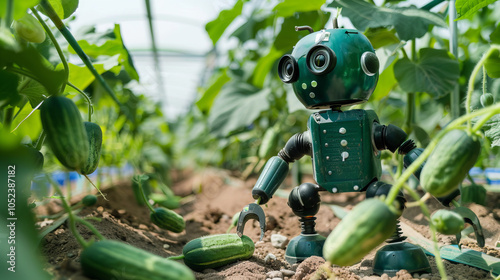 A high-tech smart emerald-colored robot assistant in the process of harvesting farmers' ripe green cucumbers. The concept of integrating robotics into agriculture photo