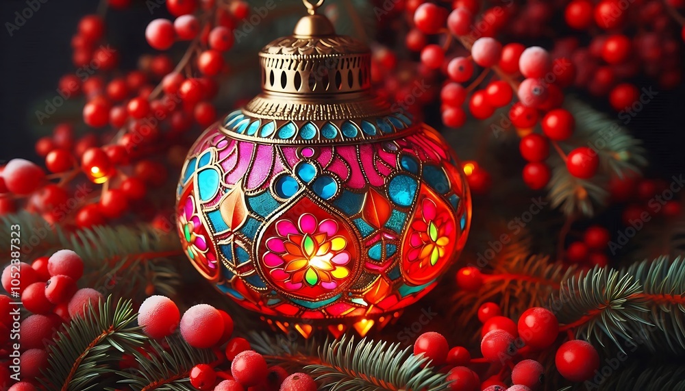 Obraz premium Red Garland and Colorful Lantern, bright, colorful lantern amidst red berried garlands,generative ai