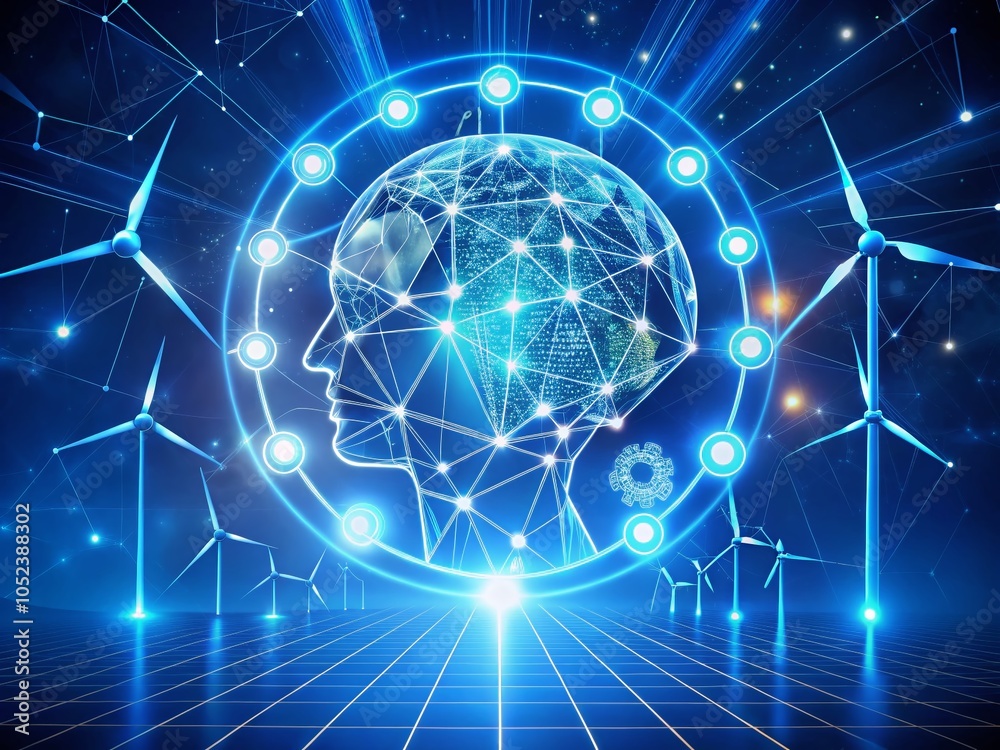 Obraz premium Futuristic Energy Solutions with Robots, Wind Turbines, Solar Panels, and Brain Concept