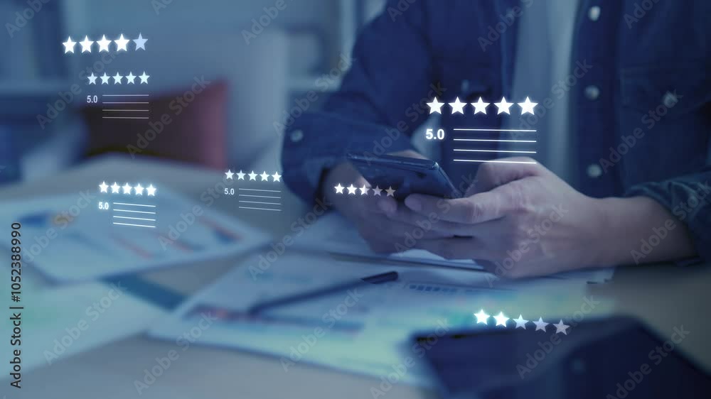Customer review 5 stars product and service positive recommend reputation, read and write review client feedback, user experience ranking