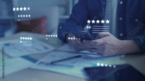 Customer review 5 stars product and service positive recommend reputation, read and write review client feedback, user experience ranking