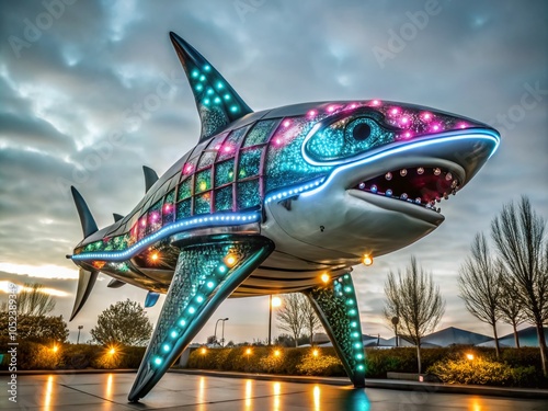 Wallpaper Mural Futuristic Neon Shark Sculpture with LED Lights in Surreal Dark Environment Torontodigital.ca