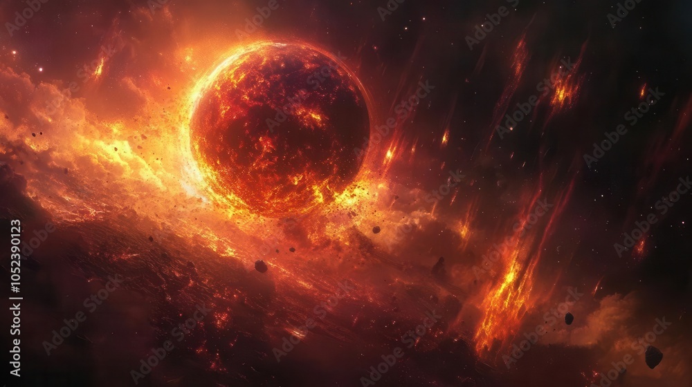 Obraz premium fiery landscape with a glowing red planet surrounded by luminous stars, swirling nebulae, and cascading asteroids, all set in a dark cosmic void, evoking mystery and magic in a digital art style