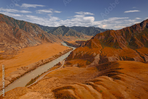 Beautiful autumn landscape Katun river and mountains, famous tourist spot in republic Altai mountains, Russia, aerial top view photo