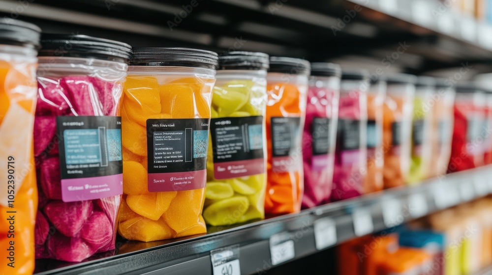 Colorful Mixed Fruit Snack Bags on Grocery Shelf Colorful Mixed Fruit Snack Bags on Grocery Shelf
