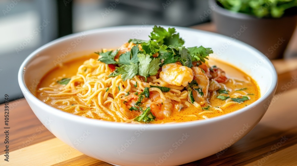 Creamy Tom Yum Noodles in Bowl with Fresh Herbs Creamy Tom Yum Noodles in Bowl with Fresh Herbs