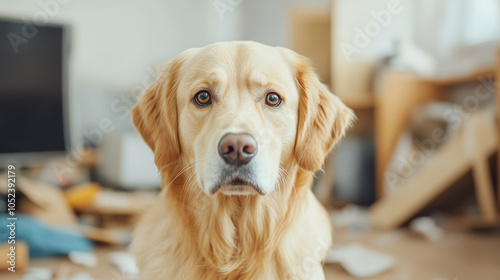 A golden retriever looks intently at the camera, with a slightly messy room in the background, creating a cozy and curious atmosphere.