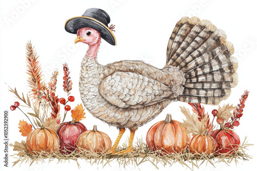 A whimsical turkey wearing a black hat stands among colorful pumpkins and autumn foliage in a picturesque harvest scene. photo