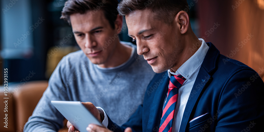 Casual Business Consultation. A close-up of a businessman in casual, trendy clothing reviewing digital documents on a tablet with a colleague, showing an informal approach to business consultation. Casual Business Consultation. A close-up of a businessman in casual, trendy clothing reviewing digital documents on a tablet with a colleague, showing an informal approach to business consultation.