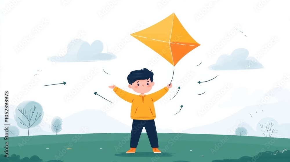 Fototapeta premium Child Flying a Kite in a Breezy Outdoor Scene