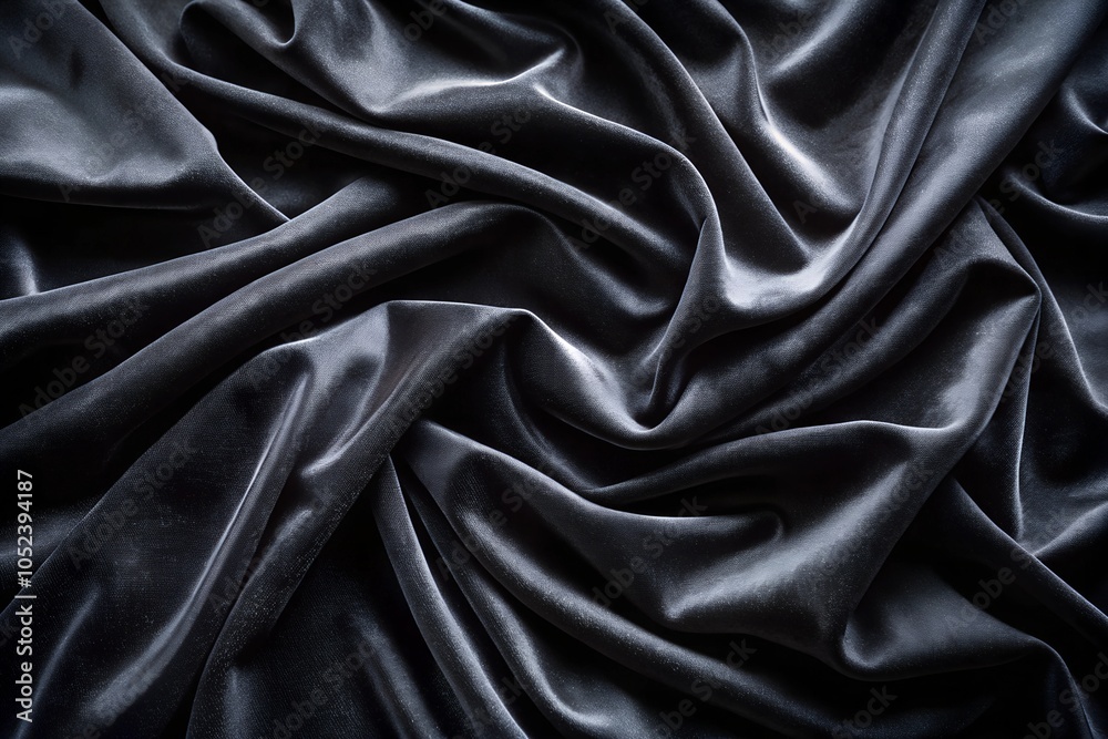 Fototapeta premium Abstract black satin fabric with wavy folds Background