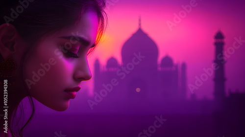 Portrait of sad Indian woman praying against background of Indian temple Taj Mahal. Religious template with space for text photo