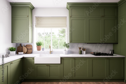 A contemporary modern kitchen with striking green cabinets and a clean, minimalist design