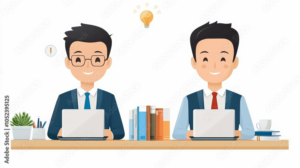 Two cartoon characters are working at laptops with books, a potted plant, and a coffee cup on a desk, symbolizing teamwork and productivity. Two cartoon characters are working at laptops with books, a potted plant, and a coffee cup on a desk, symbolizing teamwork and productivity.