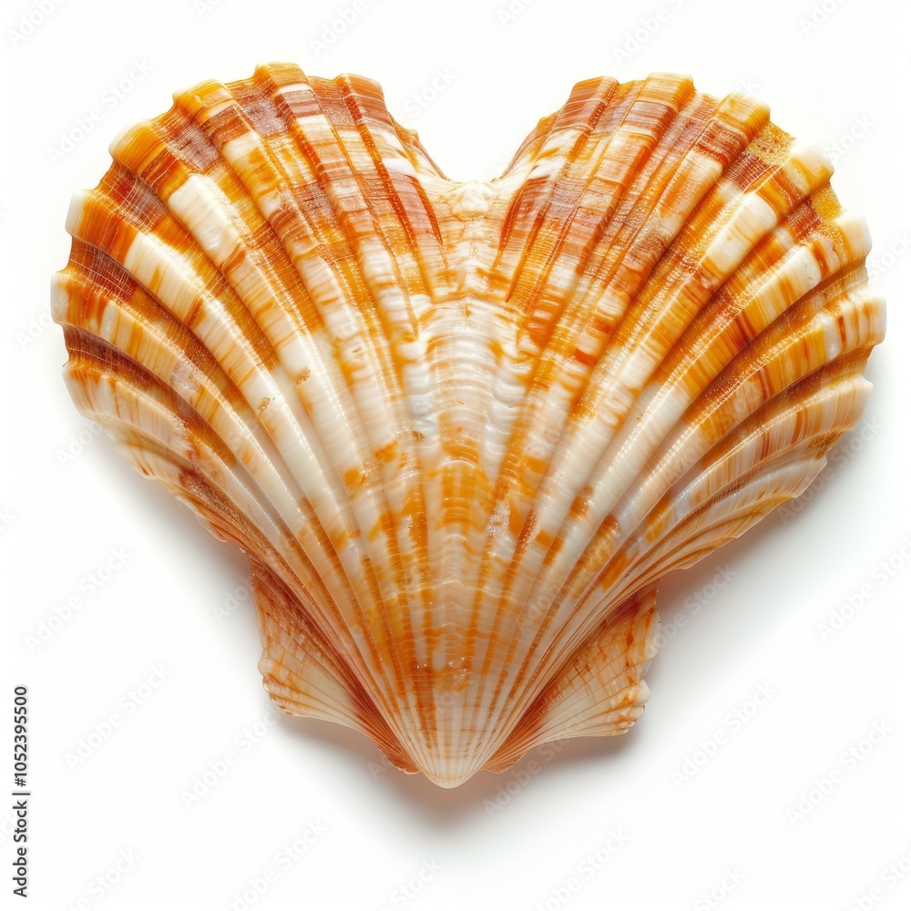 Beautiful orange and white heart shaped sea shell is laying on a white background Beautiful orange and white heart shaped sea shell is laying on a white background
