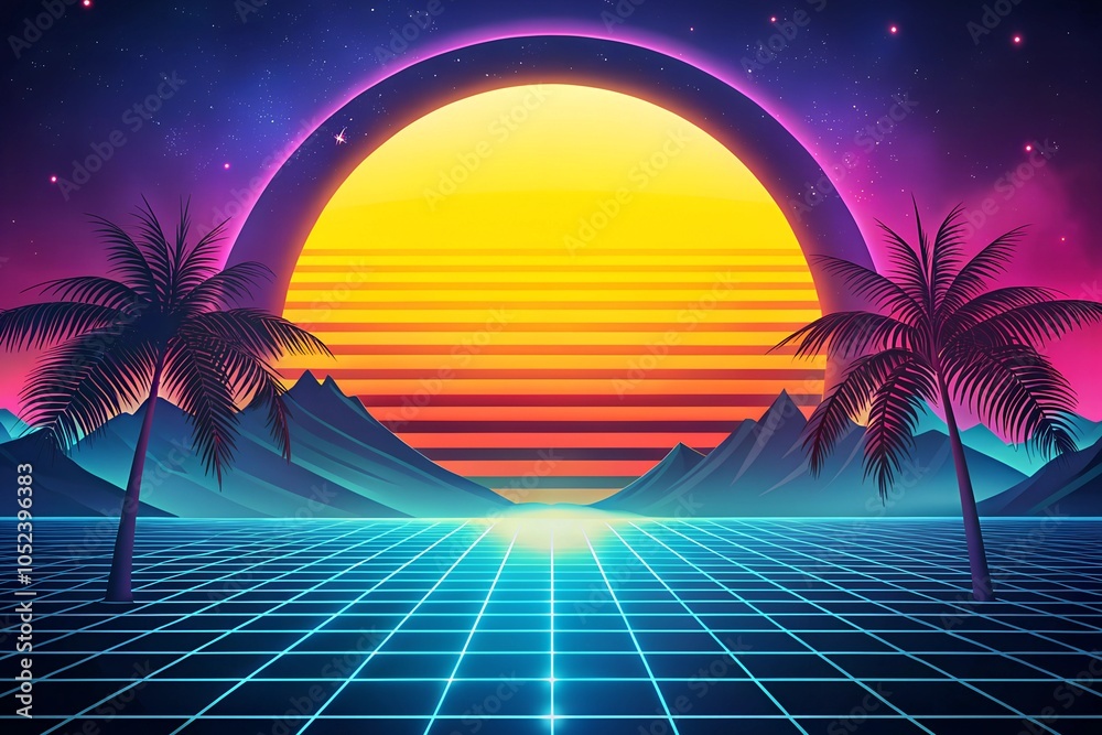 Fototapeta premium Retro sunset futuristic landscape 1980s sci-fi or game style image featuring mountains and palm trees background