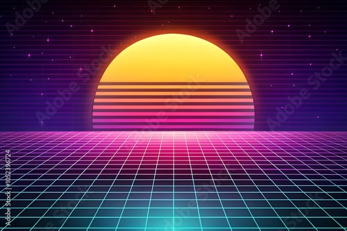 Retro background futuristic landscape 1980s style. Vector perspective grid. 80s sci-fi or game style. Retro neon background