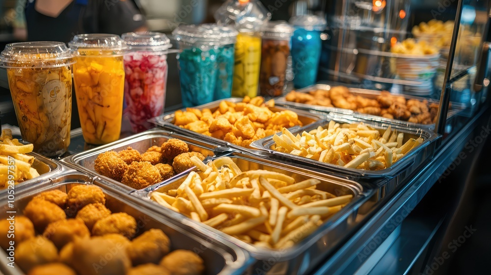 Obraz premium Bustling Fast Food Restaurant Counter Filled with Dishes