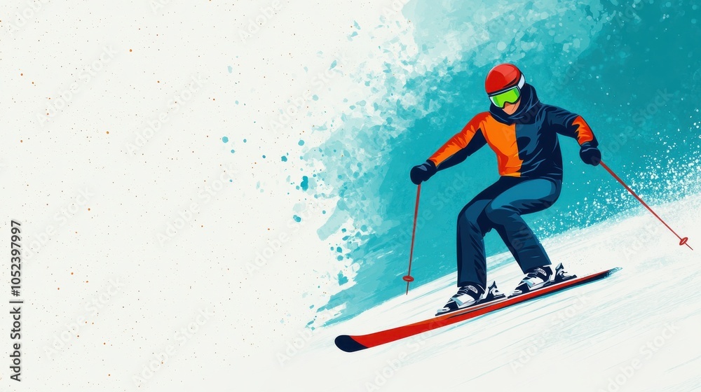 Naklejka premium Cartoon Skier Performing Air Tricks in Colorful Scene