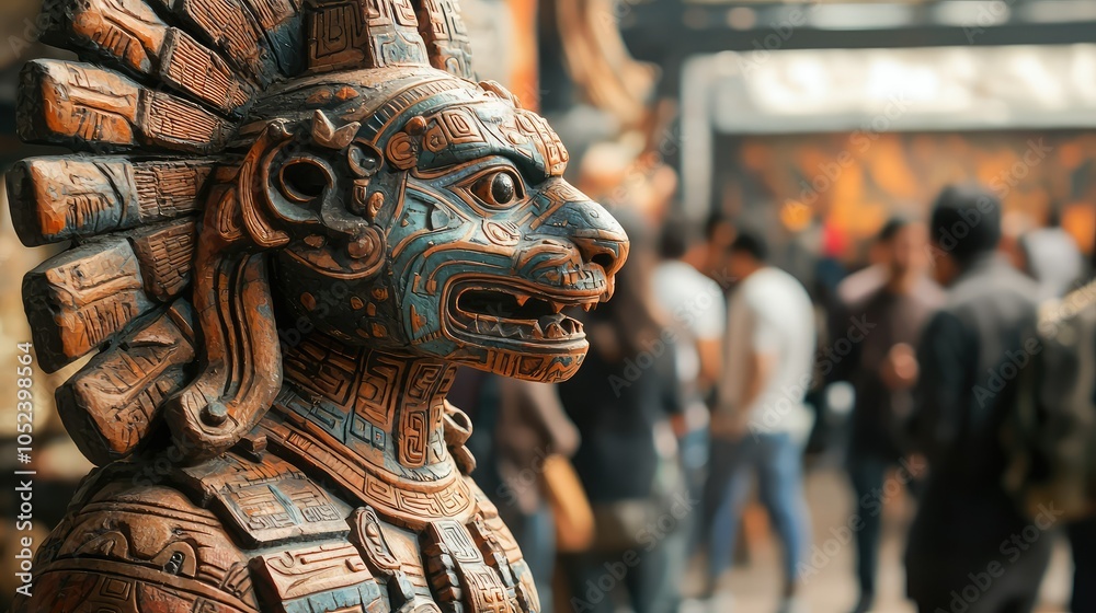 Fototapeta premium Detailed Sculpture of Jaguar Warrior in a Crowded Space