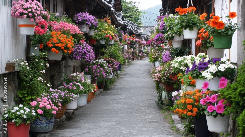 Fototapeta premium Vibrant Floral Pathway in Tranquil Setting
