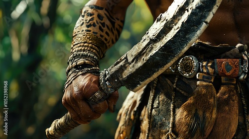 Close-Up of a Warrior Hand Gripping a Macuahuitl photo