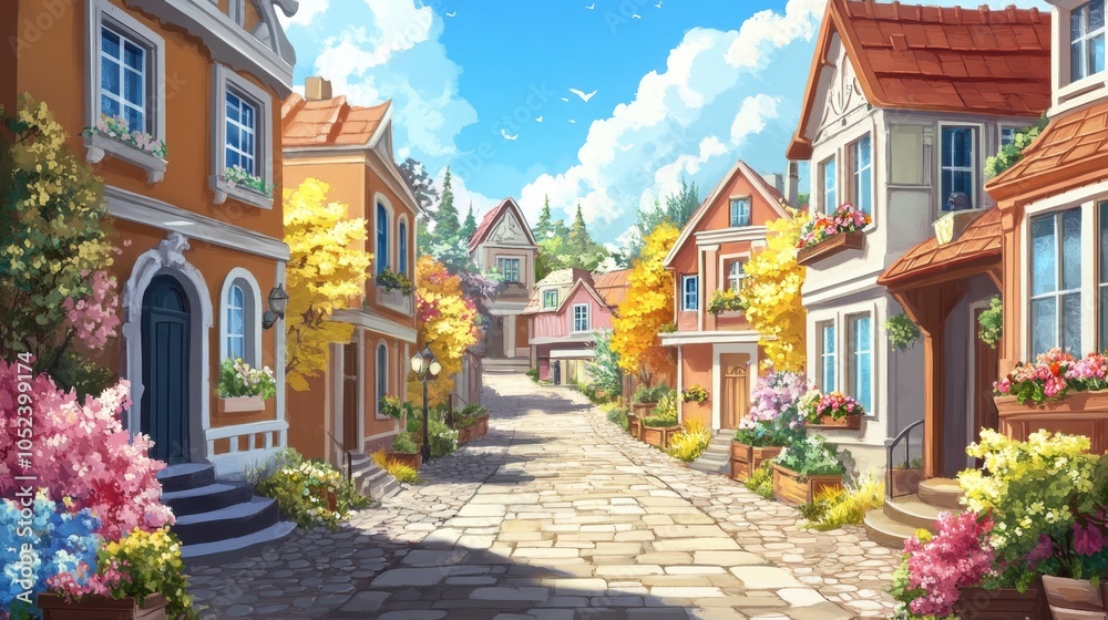 Fototapeta premium Charming Colorful Street in a Quaint Village Scene