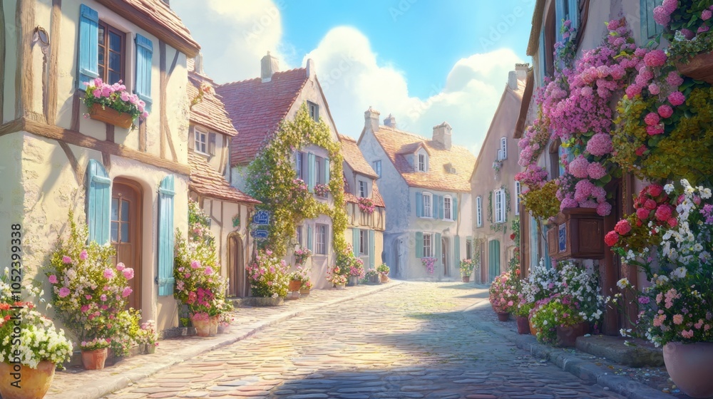 Fototapeta premium Charming Flower-Filled Street in Quaint Village