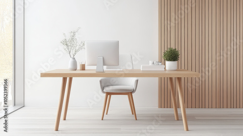 A minimalist workspace featuring a wooden desk with a computer, plants, and a modern chair, set against a light, airy background.