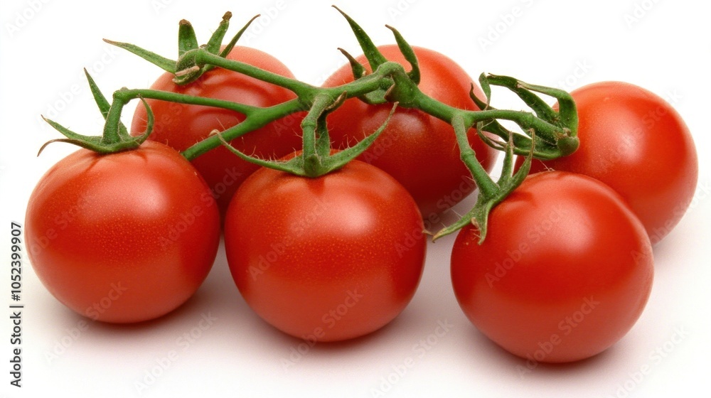 A cluster of ripe, red tomatoes still attached to their vine showcases their glossy skin and freshness, promising tasty additions to meals and salads. Perfect for culinary use A cluster of ripe, red tomatoes still attached to their vine showcases their glossy skin and freshness, promising tasty additions to meals and salads. Perfect for culinary use