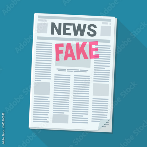 Newspaper with "News" written on it with "Fake" written in red on a blue background with long shadow (flat design)
