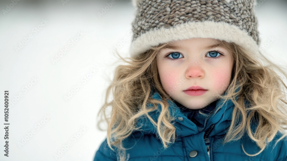 A young child with beautiful curly hair and bright blue eyes gazes intently while wearing a cozy winter coat and a warm knit hat in a snowy landscape A young child with beautiful curly hair and bright blue eyes gazes intently while wearing a cozy winter coat and a warm knit hat in a snowy landscape