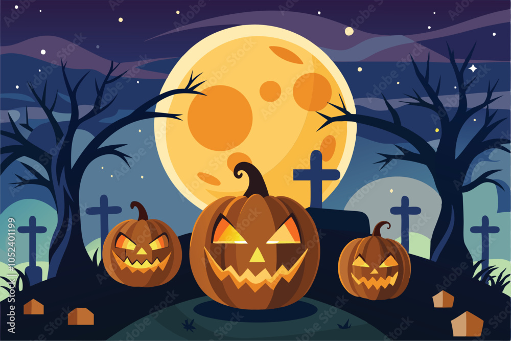 Fototapeta premium halloween pumpkins in a graveyard with a full moon
