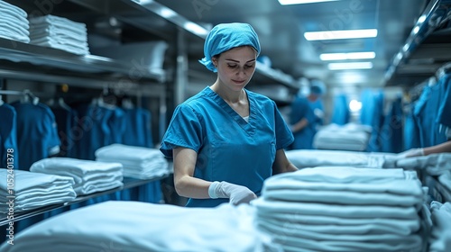 efficient healthcare facility laundry operation where workers handle hospital linens and uniforms, focusing on sanitation and hygiene standards for medical settings and hospital staff