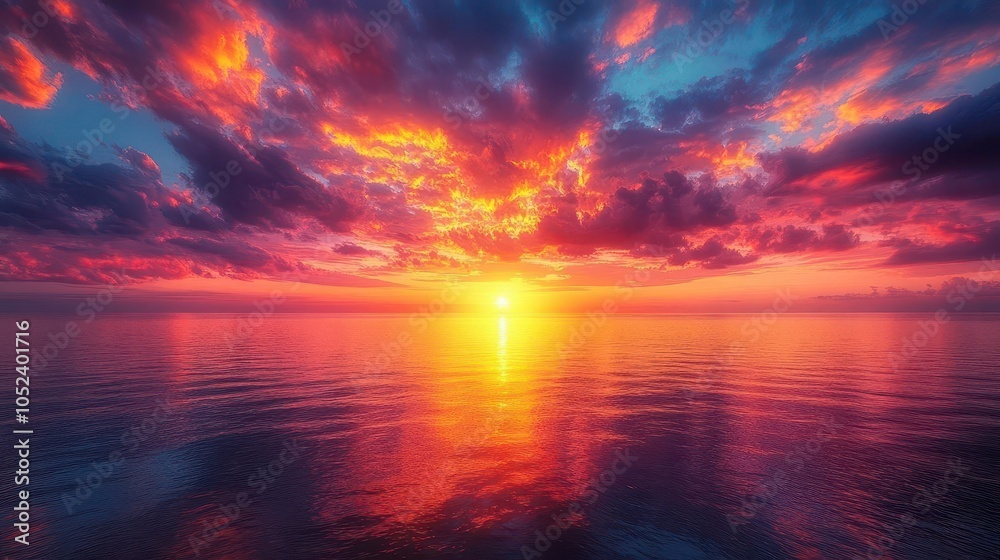 Obraz premium the sky bursts into fiery hues of orange, pink, purple, and yellow, creating an ethereal panorama of vibrant colors as the sun dips below the horizon, evoking peace and wonder