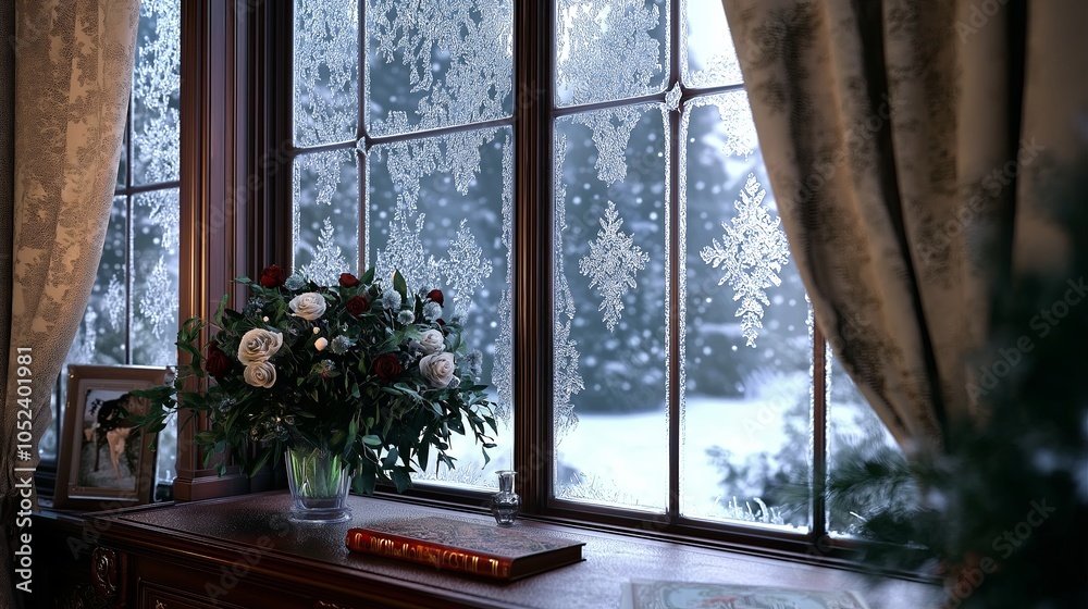 A frosty, snow-covered window pane with delicate ice patterns, evoking a cozy winter feel.
