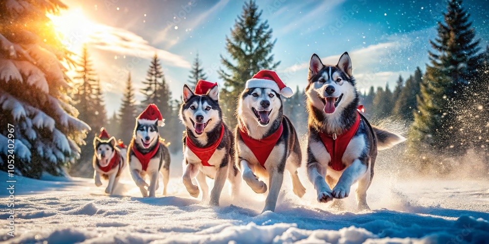 Naklejka premium Happy Huskies in Santa Outfits Running in Snow - Festive Winter Scene with Copy Space for Holiday Greetings