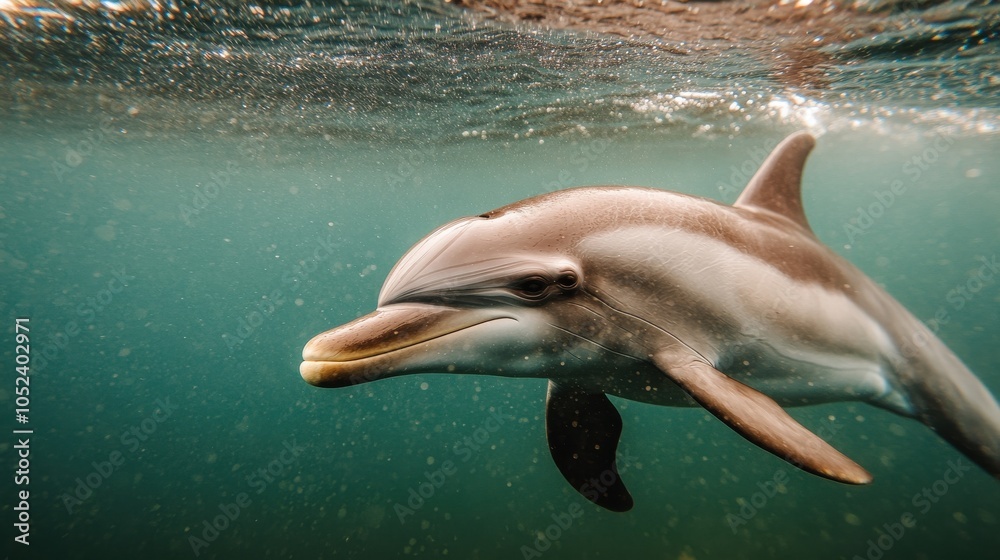 Obraz premium Dolphin Swimming Underwater with Bubbles