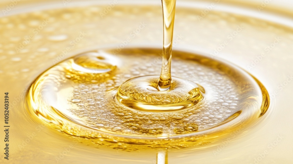 A stream of thick golden honey cascades into a pool, forming delicate bubbles as it touches the surface in a brightly lit kitchen setting A stream of thick golden honey cascades into a pool, forming delicate bubbles as it touches the surface in a brightly lit kitchen setting