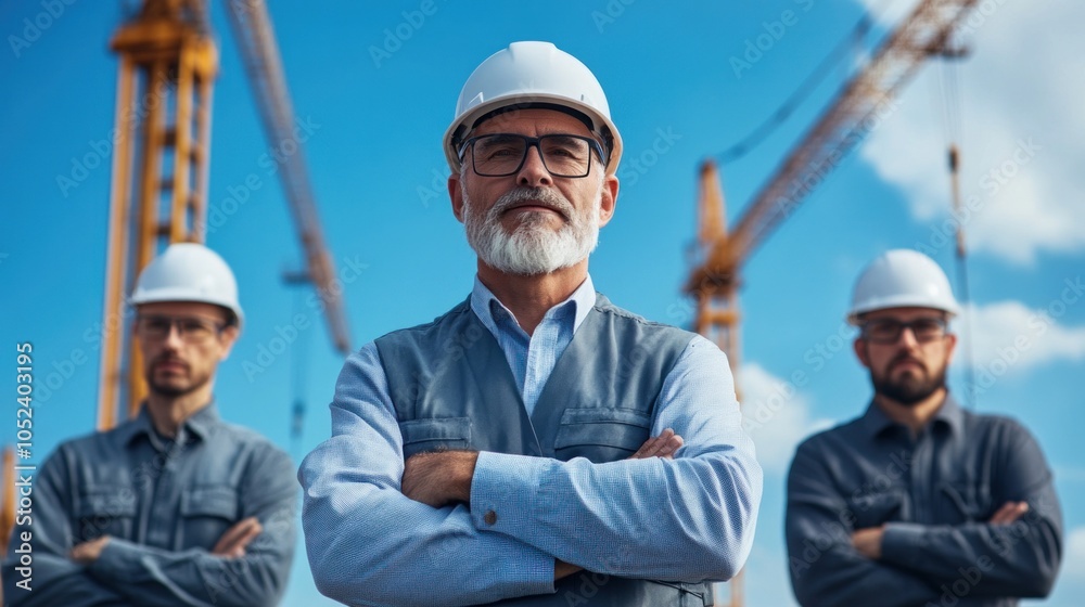 A group of construction workers stands proudly at a construction site, showcasing their professionalism and teamwork as they prepare for the day's tasks under a sunny sky